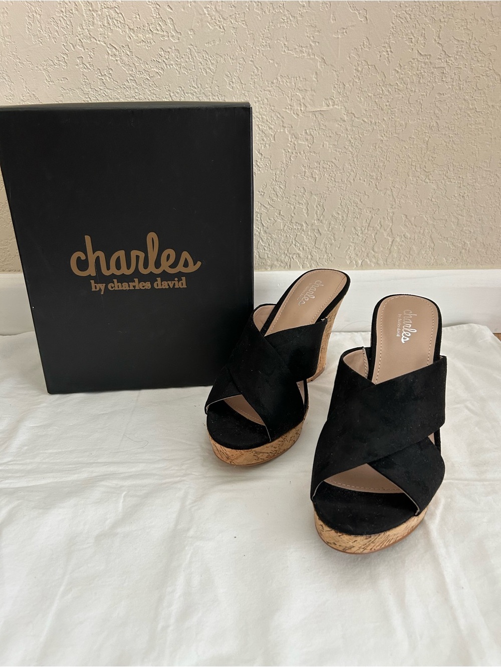 Charles by Charles David Latrice Black Suede Cork Platform Wedges
